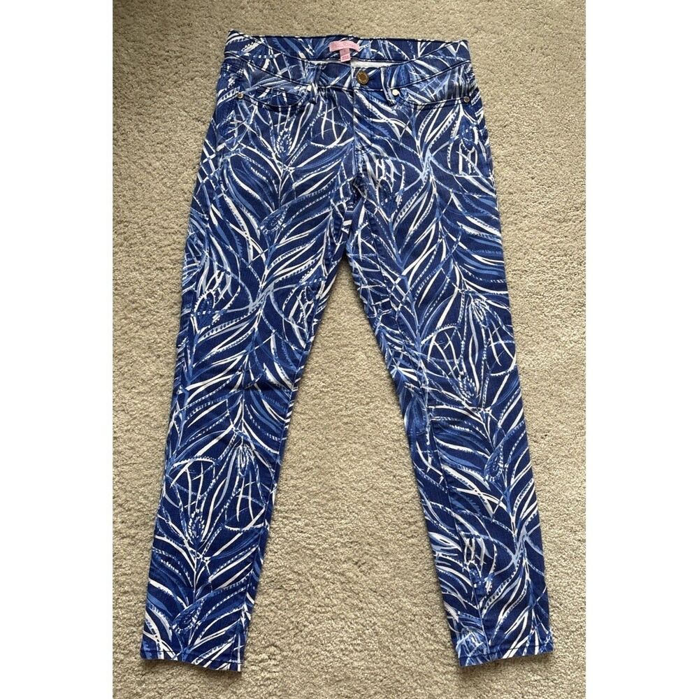Womens Lilly Pulitzer South Ocean Blue/White Design Stretch Crop Skinny Jeans 4